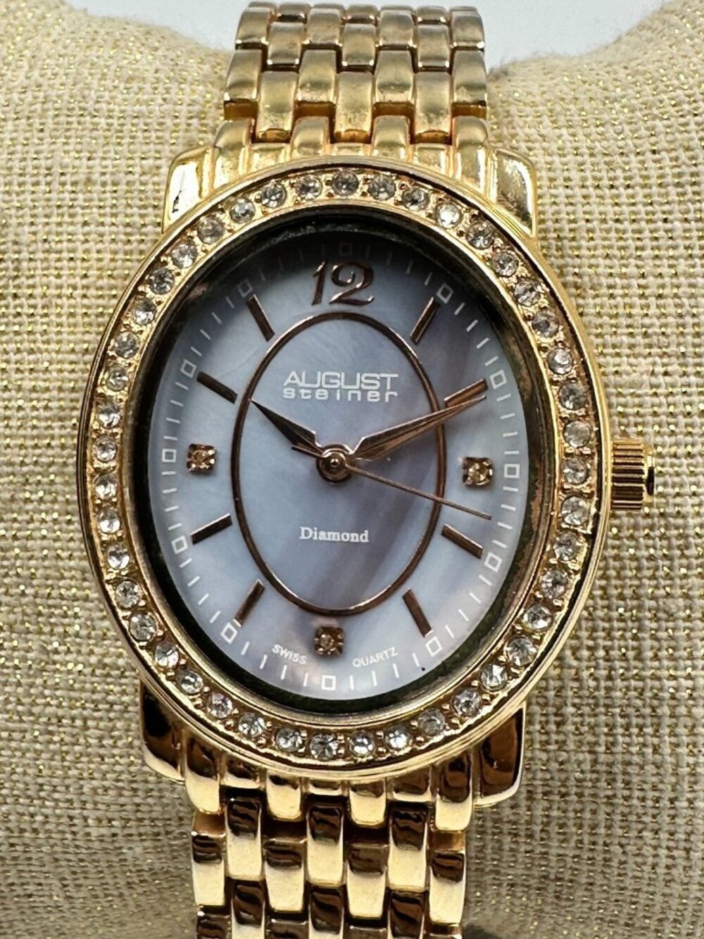 August Steiner Watch Women Gold Tone Blue Mother of Pearl Dial New Battery